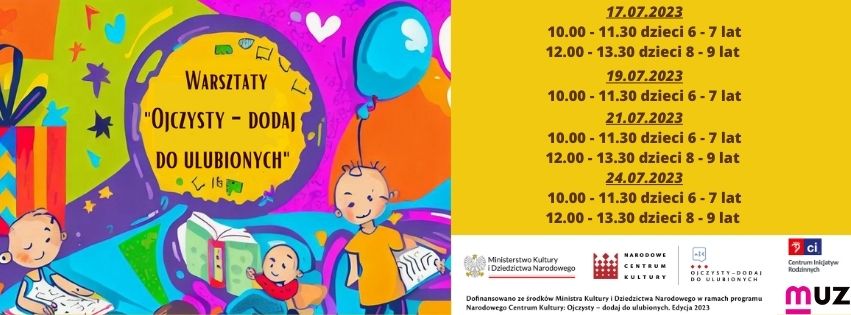 Plakat przedsięwzięcia - kolorowe bajkowe tło (baloniki, gwiazdy, serca, upoominki), dzieci z książkami w ręku. obok pisemna informacja o terminach zajęć (znajduje się w tekście poniżej) oraz logotypy i nazwy organizatorów i podmiotów wspierających.