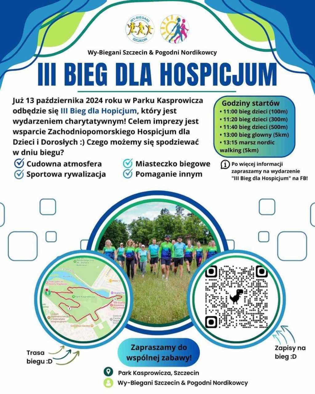 Plakat biegu przekazany przez organizatorów. Na białym tle zestaw informacji, który powielony jest w niniejszej informacji.. Ponadto zdjęcie biegaczy w parku, mapka biegu w Parku Kasprowicza, kod QR do strony zgłoszeniowej oraz logotypy organizatorów. 