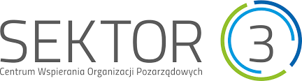 Logo organizacji - szary napis Sektor 3 - Centrum Wspierania Organizacji Pozarządowych, trójka w zielono, granatowo, niebieskim kole