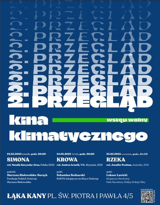 Plakat imprezy - 2 Przegląd Kina Klimatycznego. Na niebieskim tle nazwa imprezy, daty seansów, nazwy filmów - wszystkie informacje znajdują się w tekście poniżej obrazka