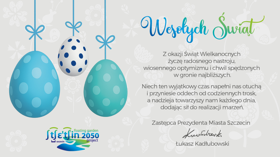 Kartka z życzeniami świątecznymi - treść życzeń poniżej, na obrazku trzy pisanki zawieszone na sznurku