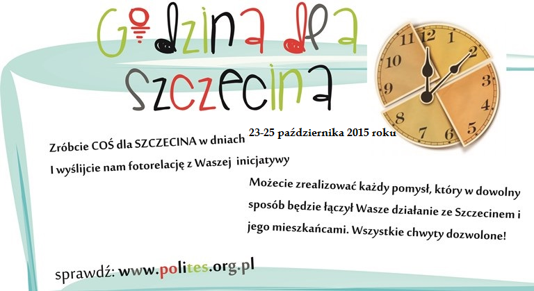 Tarcza zegarowa w otoczeniu czarnych literek, opisujących nazwę akcji i jej termin