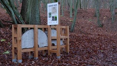 Okrągły kamień młyński, przepołowiony, obudowany drawnianą konstrukcją, która jest w lesie