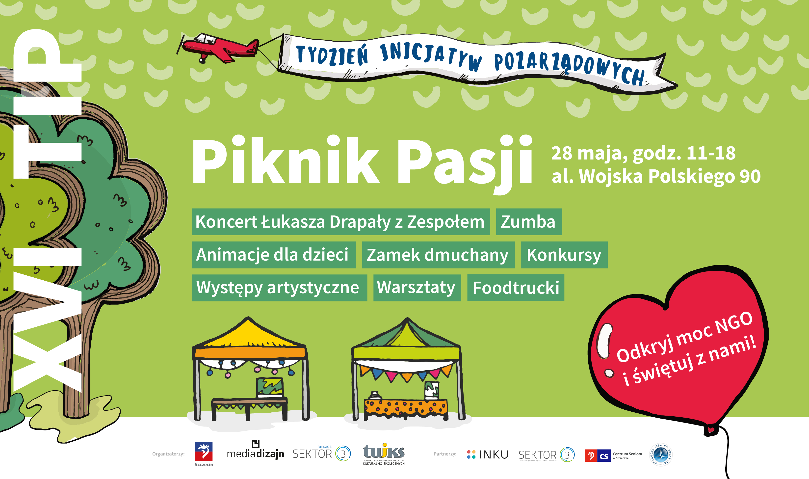 Logotyp imprezy Piknik Pasji - zielone tło imitujące aleję parkową. Drzewa, namioty wystawiennicze, a nad nimi samolot  ciągnący za sobą napis Tydzień Inicjatyw Pozarządowych. Dodatkowo tekst z miejscem i godzina trwania oraz głównymi atrakcjami (wszystkie informacje znajda się poniżej).