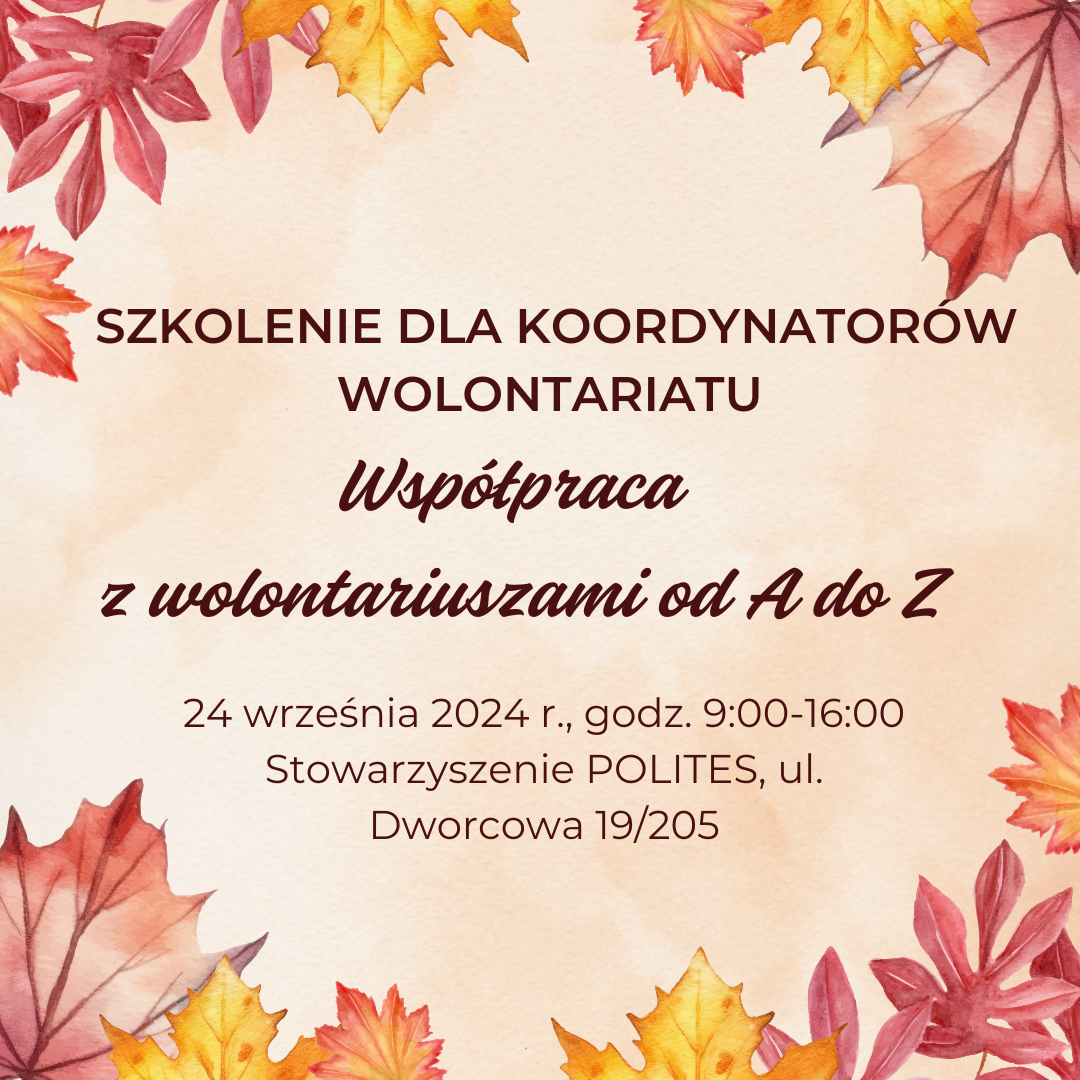 Plakat szkolenia - na beżowym tle na obramowaniu kolorowe liście. Wewnątrz informacja o szkoleniu  (wszystkie dan w tekście poniżej)